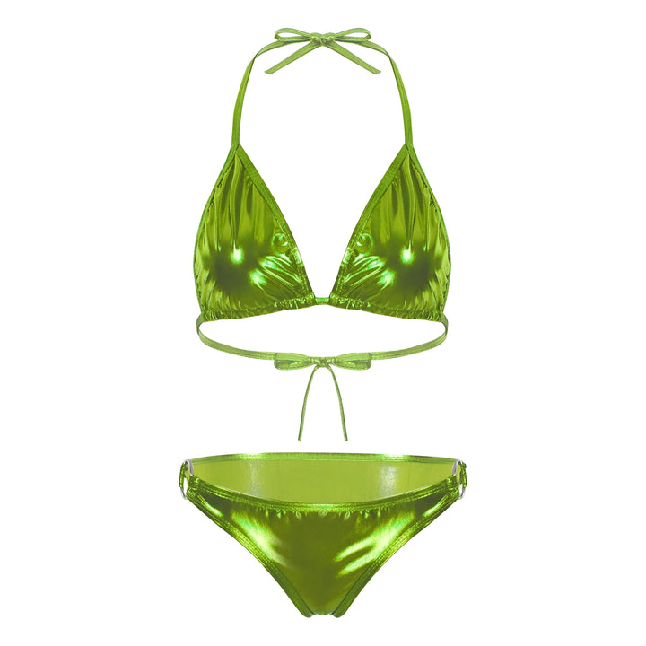 Ensemble de bikini vert pomme métallisé, avec haut triangle à nouer et bas assorti. Idéal pour la plage ou la piscine.