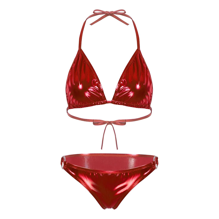 Ensemble de bikini violet brillant pour femme, haut triangle à nouer et bas échancré. Mode été, lingerie séduisante.