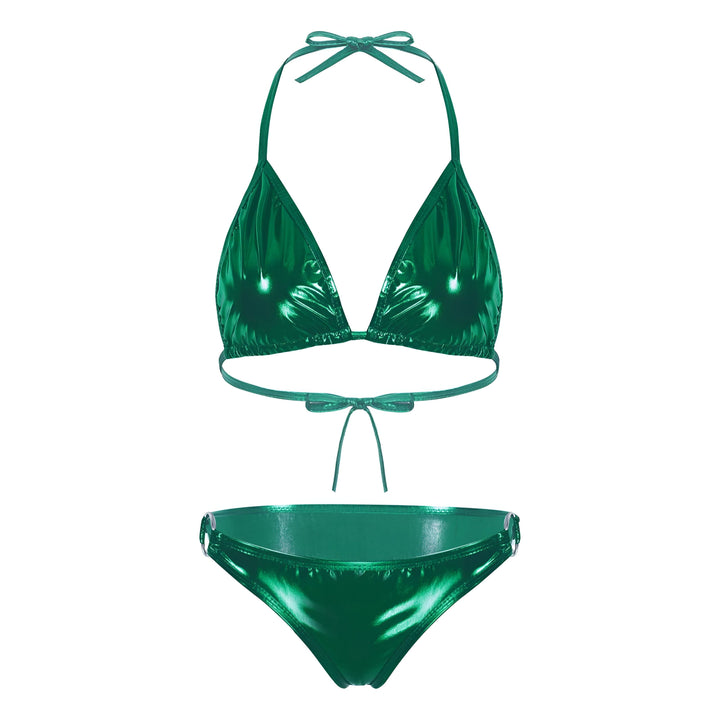 Ensemble de bikini triangle rose métallisé à nouer, idéal pour la plage et le soleil. Sous-vêtements et maillots de bain pour femme. Mode été, vacances et voyage.