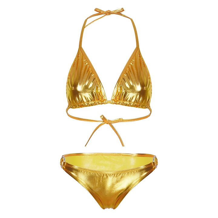Ensemble de bikini bleu métallisé. Haut triangle avec liens à nouer au cou et au dos, et bas assorti à taille basse. Parfait pour la plage ou la piscine.