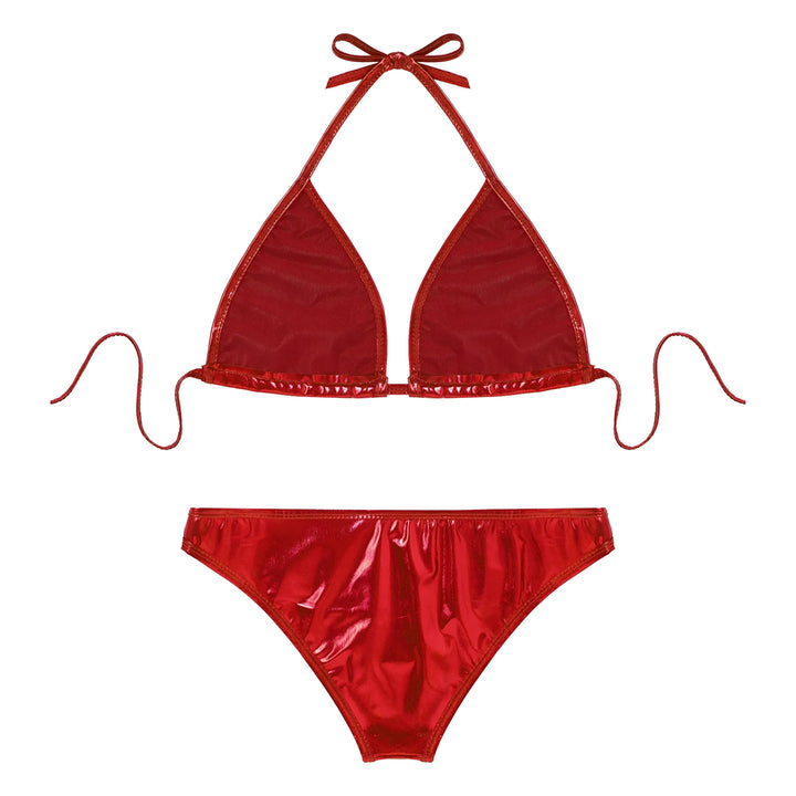 Ensemble de bikini vert brillant. Haut de bikini triangle à nouer dans le cou et le dos. Bas de bikini assorti. Mode femme, vêtements d'été.