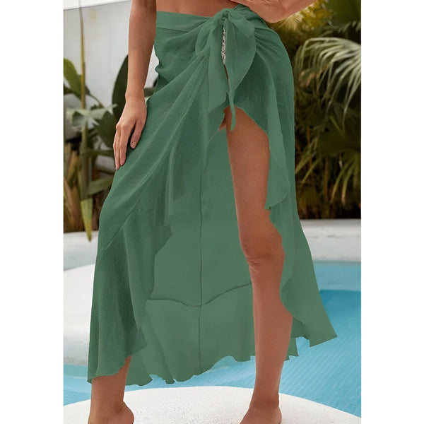 Vue arrière d'une femme en bikini blanc et paréo transparent, posant près d'une piscine turquoise avec des palmiers. Style vacances, été, mode balnéaire.