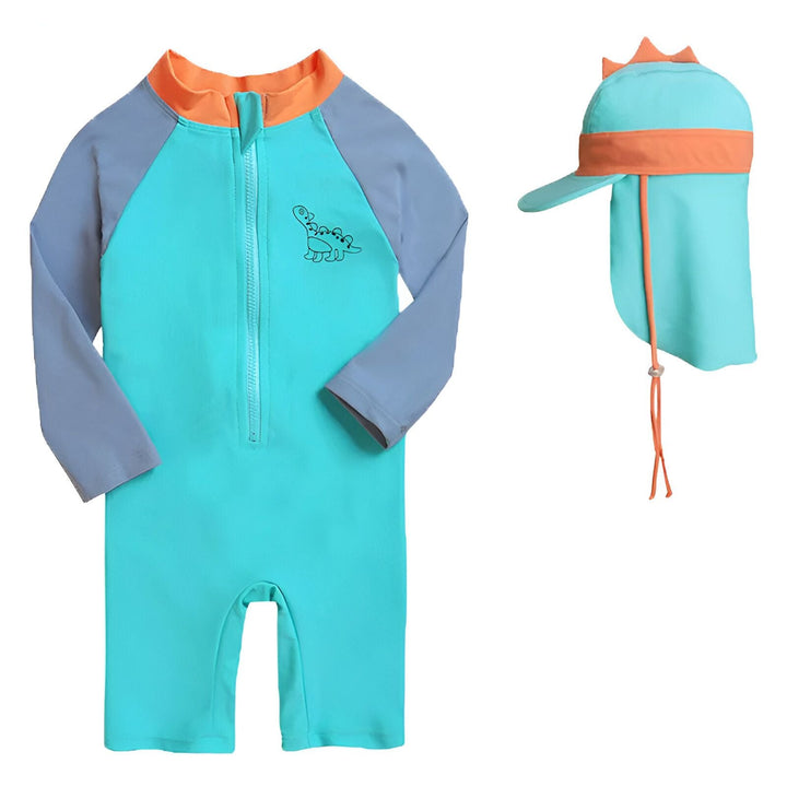 Ensemble de bain enfant avec motif dinosaure : maillot de bain une pièce rose et bleu, et chapeau assorti. Idéal pour protéger les enfants du soleil à la plage ou à la piscine.