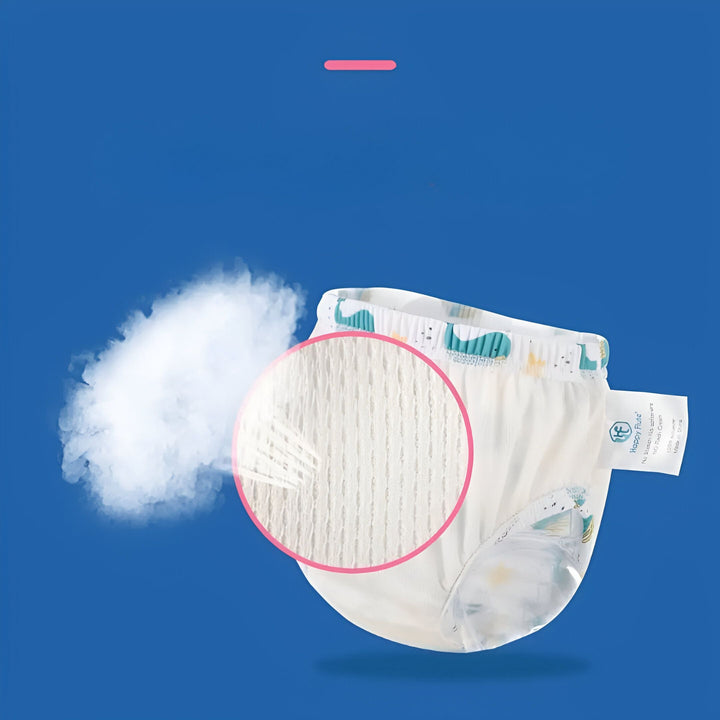 Culotte de bain pour bébé, motif licornes et donuts roses sur fond bleu clair, volants décoratifs roses, marque Happy Flute visible.