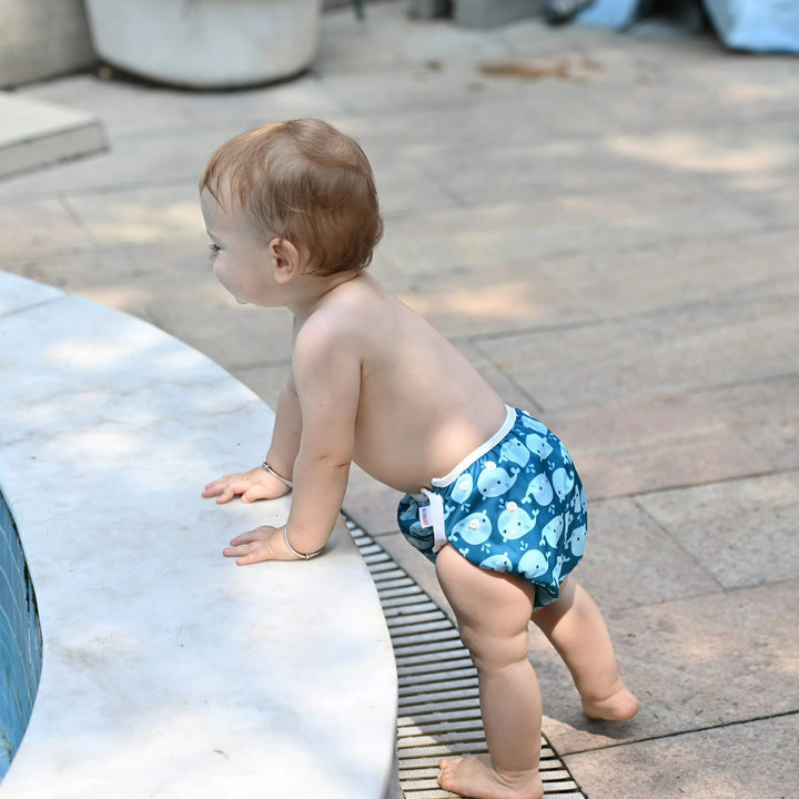 Couche lavable turquoise à motifs de baleines bleues et blanches, avec des boutons pression blancs, vue de face sur fond blanc.