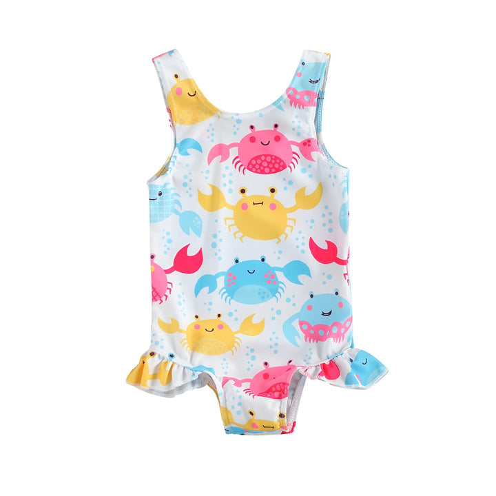 Maillot de bain une pièce pour enfant avec motif de crabes colorés sur fond blanc. Volants décoratifs sur les côtés. Idéal pour la plage et la piscine. Vêtement pour fille.
