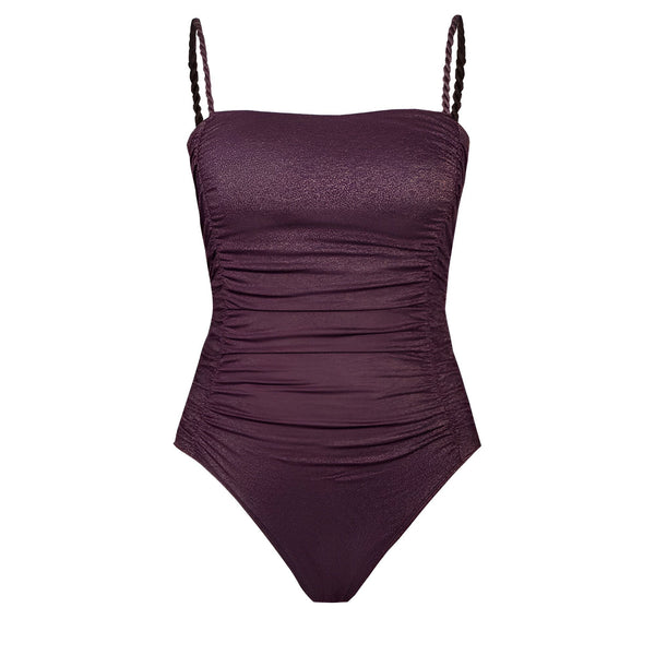 Maillot de bain une pièce bordeaux, froncé sur les côtés. Bretelles fines torsadées. Élégant et confortable pour la plage ou la piscine.