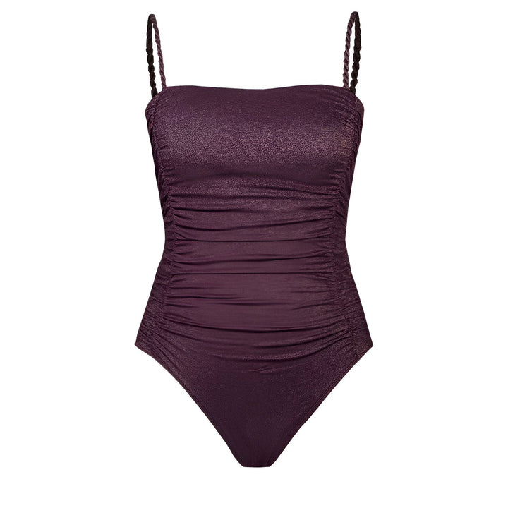 Maillot de bain une pièce bordeaux, froncé sur les côtés. Bretelles fines torsadées. Élégant et confortable pour la plage ou la piscine.