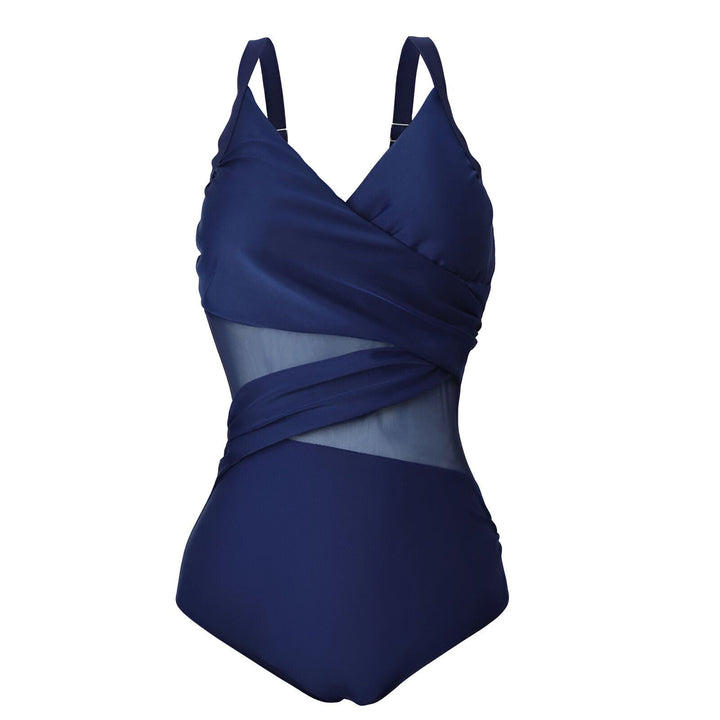 Dos d'un maillot de bain une pièce bleu marine avec doublure blanche et bretelles réglables.