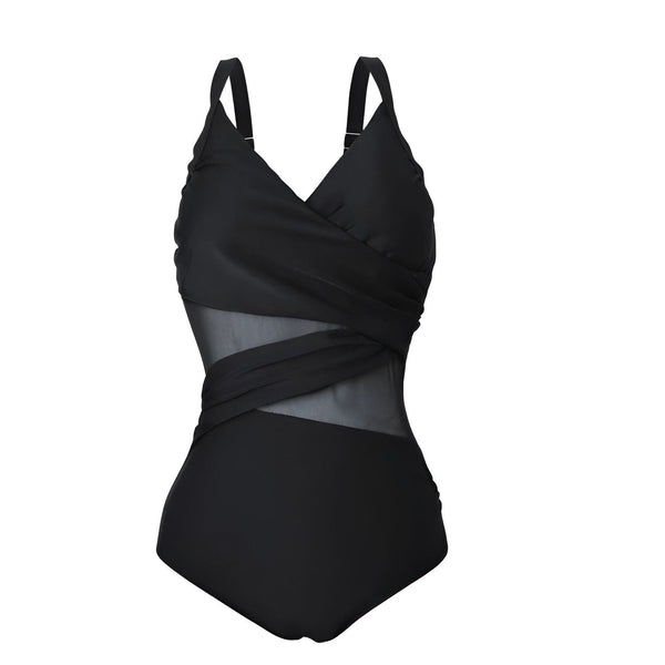 Maillot de bain une pièce noir avec décolleté en V croisé et détails en tulle transparent à la taille. Bretelles réglables. Élégant et flatteur pour la silhouette.