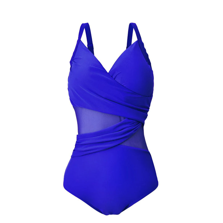 Maillot de bain une pièce bleu marine avec détails en maille transparente, vue de profil.