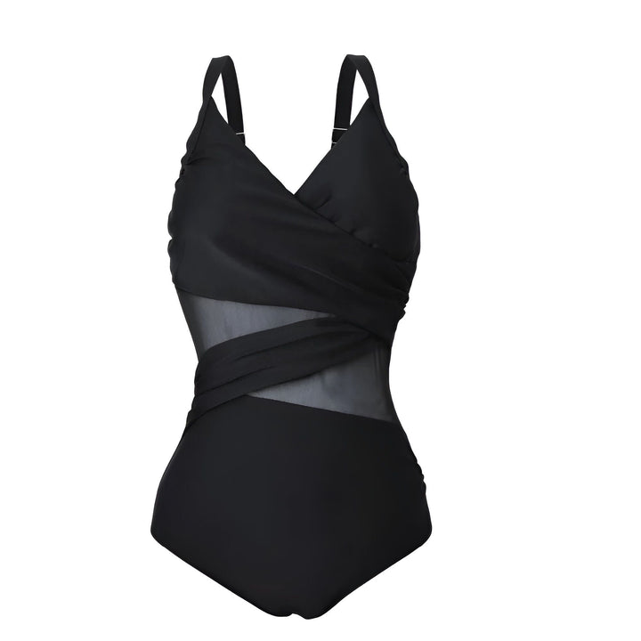 Maillot de bain une pièce noir avec bretelles et empiècements transparents. Coupe croisée flatteuse, idéal pour la plage et la piscine.