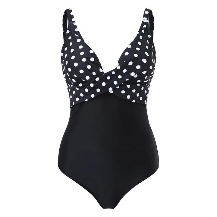 Femme portant un maillot de bain une pièce noir et léopard. Maillot de bain croisé. Mode été, vêtements de plage.