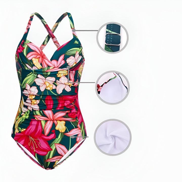 Maillot de bain une pièce à motif floral, dos croisé, réglable, doublure blanche. Idéal pour la plage et la piscine.
