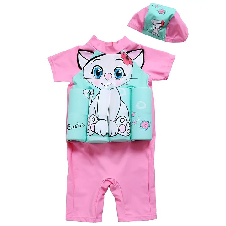 Combinaison de bain rose pour bébé avec bouée chat intégrée et bonnet assorti. Idéal pour les premières baignades en toute sécurité et avec style.