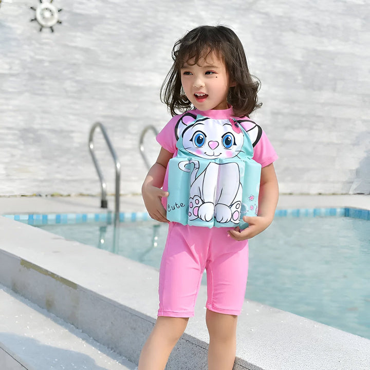 Combinaison de bain bleue pour enfants avec flotteurs intégrés, fermeture éclair jaune, tournesol et étoiles de mer.