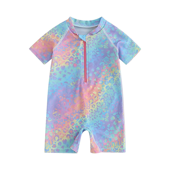 Combinaison de bain pour bébé à motif léopard multicolore, manches courtes, décorée de coquillages, d'une étoile de mer et d'une bouée de sauvetage. Vêtement idéal pour la plage et la piscine.