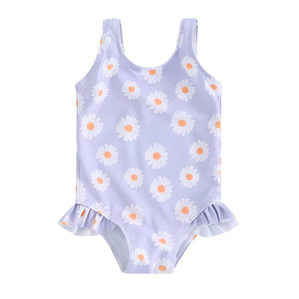 Maillot de bain enfant une pièce lilas avec motif marguerites, décor coquillages, rondelles de citron et carte avec fleur de tournesol. Idéal pour la plage et la piscine. Mode enfantine.