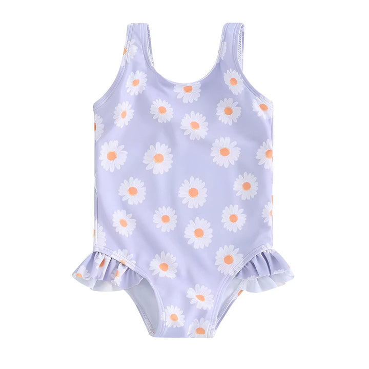Maillot de bain enfant une pièce lilas avec motif marguerites, décor coquillages, rondelles de citron et carte avec fleur de tournesol. Idéal pour la plage et la piscine. Mode enfantine.
