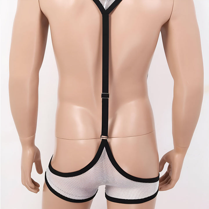 Vue arrière d'un mannequin portant un vêtement pour homme vert fluo en maille avec une bretelle noire centrale. Sous-vêtement mode pour homme.