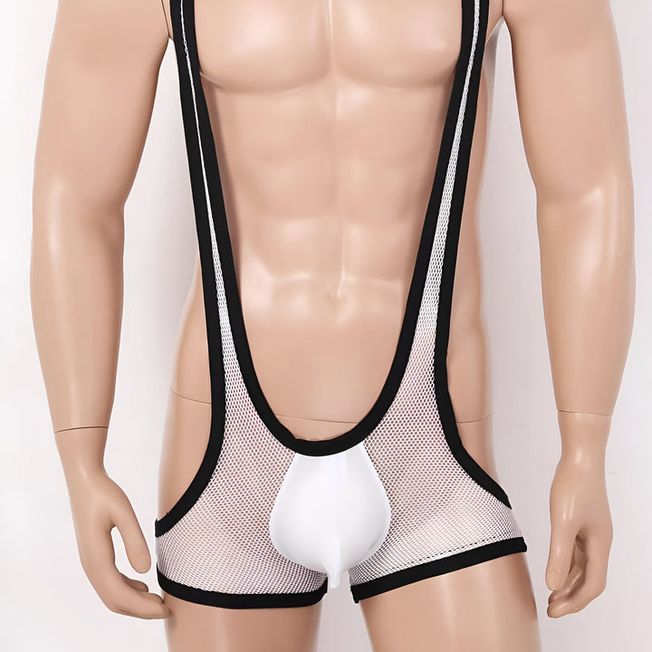 Mannequin portant un justaucorps de lutte en maille vert citron avec des bordures noires, mettant en valeur sa coupe ajustée et son design audacieux.