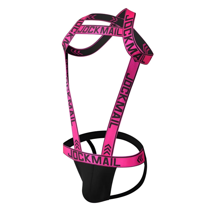 Jockstrap noir et rose de la marque JOCKMAIL, avec des bretelles portant le nom de la marque. Sous-vêtement masculin.