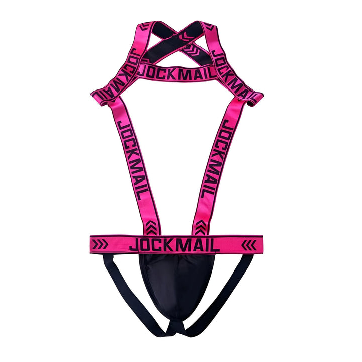 Jock-strap noir et rose "JOCKMAIL" avec des bretelles et une ceinture élastiques. Sous-vêtement masculin de sport.