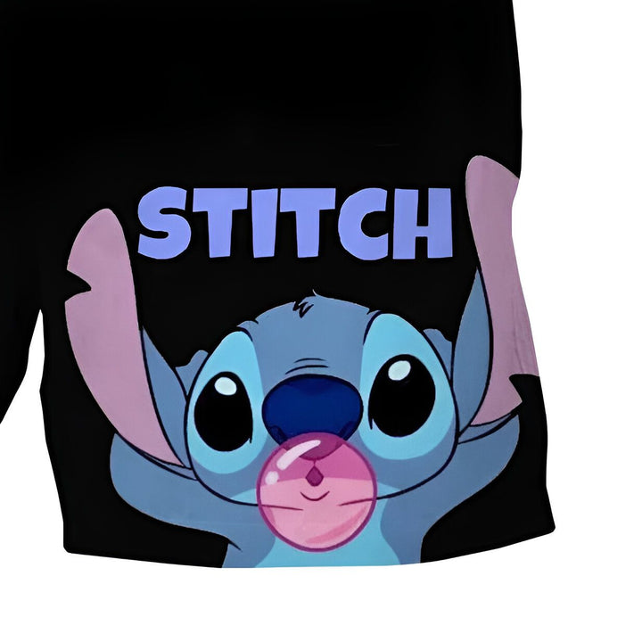 Image de groupe de Stitch, personnages du film d'animation Lilo & Stitch. Différentes expressions de Stitch, dont un avec une couronne de fleurs et un autre avec des étoiles scintillantes. Style de dessin animé sur fond noir.