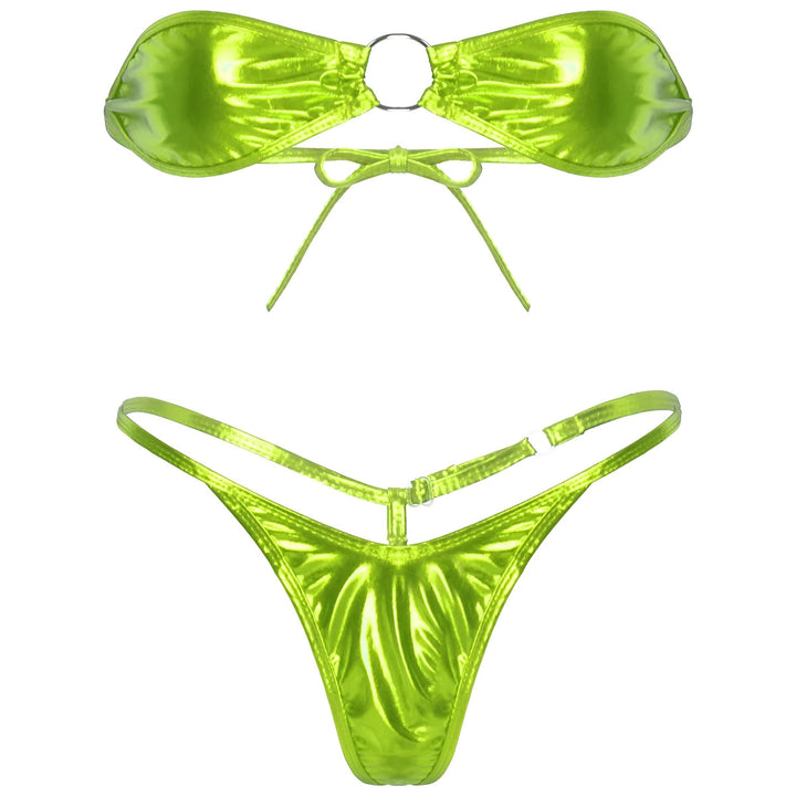 Ensemble de bikini vert métallique, soutien-gorge bandeau avec anneau, culotte taille basse à ficelles, parfait pour l'été et la plage.