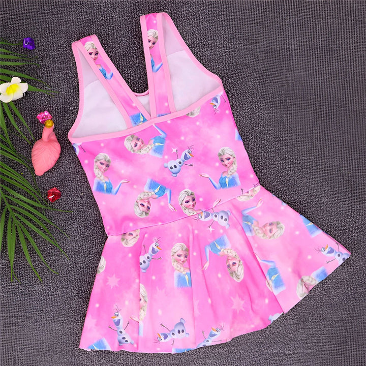 Maillot de bain rose pour fille avec imprimés de la Reine des Neiges (Elsa) et Olaf. Vêtement de bain idéal pour l'été et les vacances à la plage.