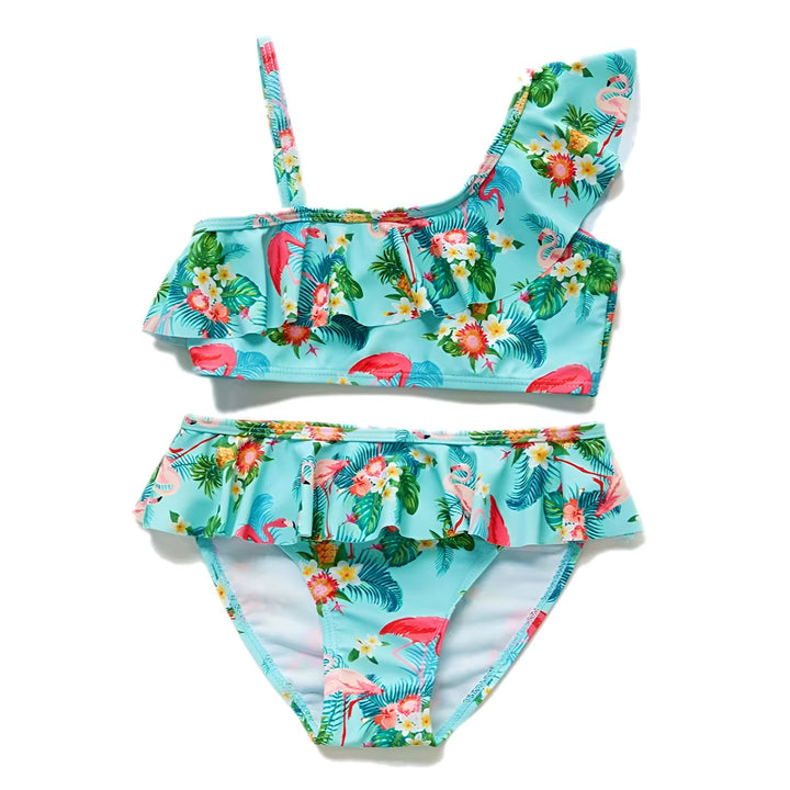 Haut de maillot de bain turquoise avec motifs floraux et flamants roses. Bretelles ajustables. Doublure intérieure blanche. Idéal pour la plage ou la piscine. Style estival et tropical.