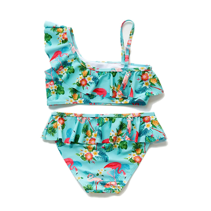Maillot de bain deux pièces pour fille, imprimé floral avec des flamants roses, haut asymétrique à volants, bas assorti à volants, style tropical, mignon et estival.