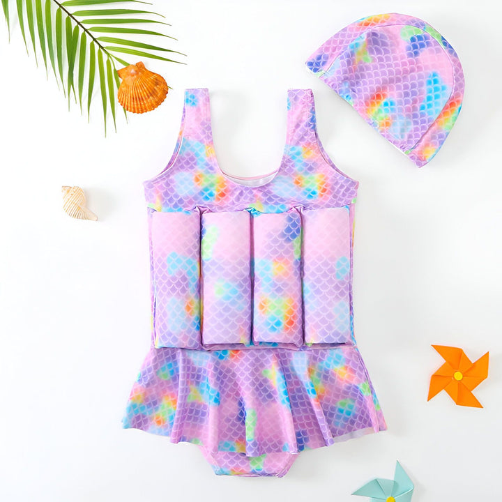 Gros plan d'un slip de bain pour enfant avec un motif écailles de sirène aux couleurs pastel (rose, violet, bleu) et une doublure blanche.