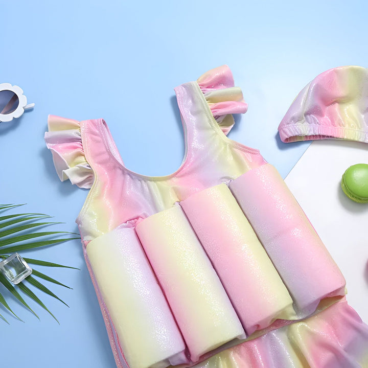 Maillot de bain flottant multicolore pour enfant avec bonnet assorti. Accessoires : lunettes de soleil, feuille de palmier, cube en verre et macaron. Idéal pour l'apprentissage de la natation en toute sécurité.