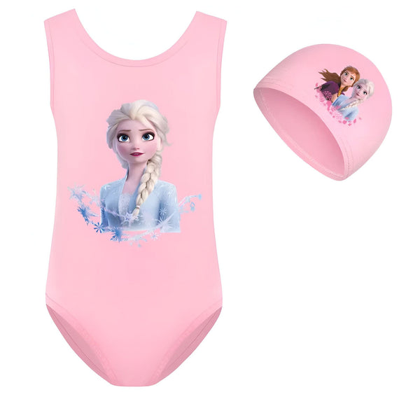 Maillot de bain bleu avec Elsa de La Reine des Neiges et bonnet de bain assorti orné d'Anna et Elsa. Idéal pour la natation des enfants.