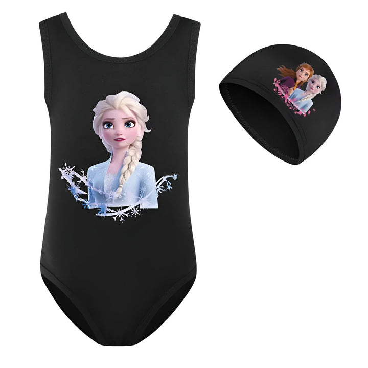 Maillot de bain noir une pièce pour enfant avec motif Elsa de La Reine des Neiges et bonnet de bain assorti avec Elsa et Anna. Idéal pour la piscine ou la plage, parfait pour les fans du film.