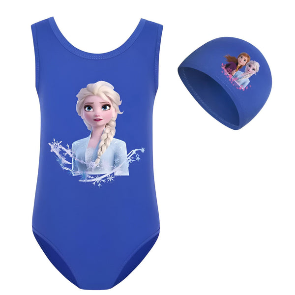 Maillot de bain rose une pièce pour fille avec motif Elsa de La Reine des Neiges. Bonnet de bain rose assorti, imprimé avec Anna et Elsa. Ensemble de natation pour enfant sur fond blanc.