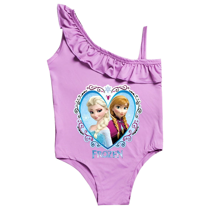 Maillot de bain une pièce rose vif pour enfant, style asymétrique avec volant et bretelle fine. Vêtement de plage pour filles.
