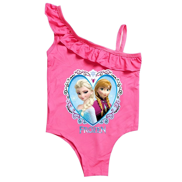 Maillot de bain une pièce pour fille, couleur lavande, avec une bretelle et des volants sur le haut. Imprimés colorés sur le côté.