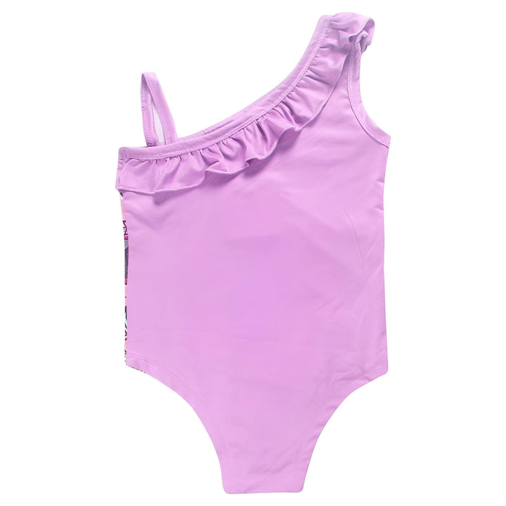 Maillot de bain rose pour fille avec imprimé de Anna et Elsa du film La Reine des Neiges, une bretelle et des volants.