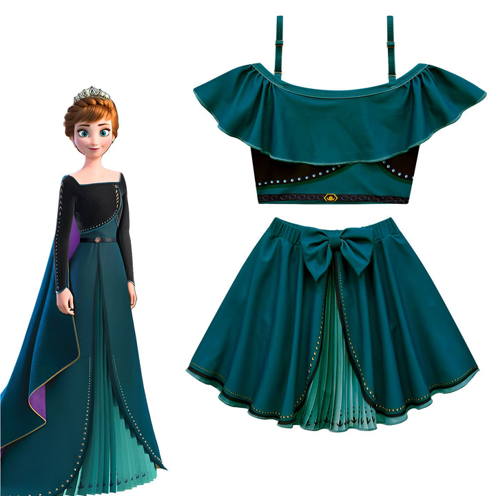 Costume d'Anna de La Reine des Neiges en vert émeraude, avec une robe longue et une tenue deux pièces style jupe et haut pour les enfants. Idéal pour déguisements et cosplay.