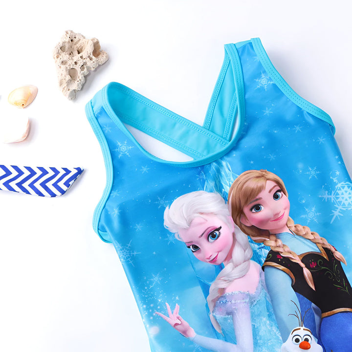 Maillot de bain une pièce pour enfant, rose avec imprimé d'Elsa et Anna du film La Reine des Neiges, parfait pour la plage ou la piscine.