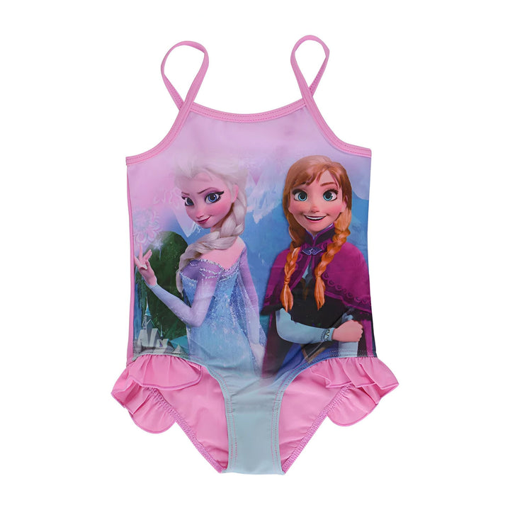 Maillot de bain bleu pour enfant, motif La Reine des Neiges avec Elsa, Anna et Olaf, sur fond blanc avec coquillages et tissu à rayures.