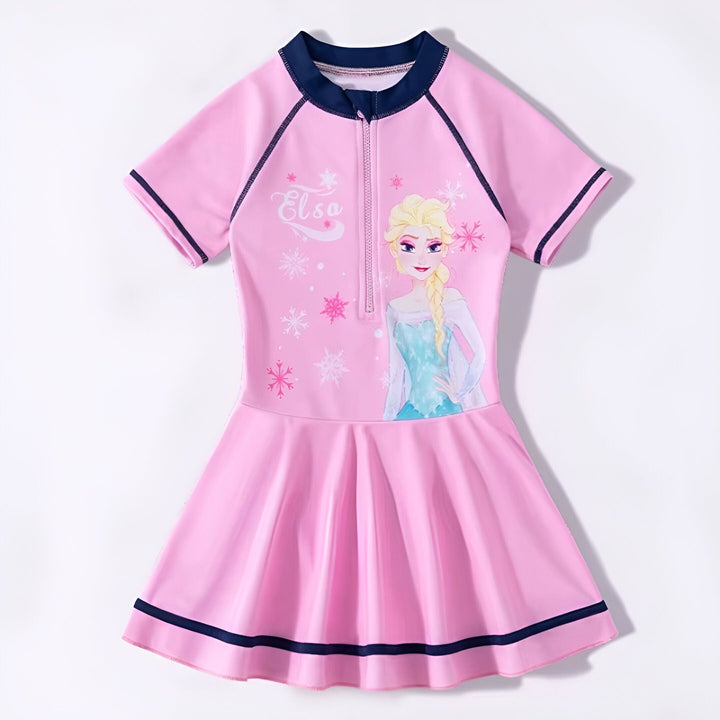 Maillot de bain rose pour fille, imprimé Elsa de La Reine des Neiges, manches courtes, fermeture éclair avant et jupe intégrée. Idéal pour la natation et les jeux d'eau.