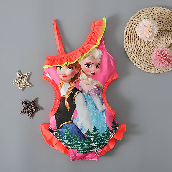 Maillot de bain enfant rose avec imprimé Elsa et Anna de La Reine des Neiges, volant orange et jaune. Vêtement de bain pour filles, idéal pour la plage et la piscine.