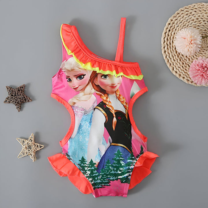 Maillot de bain pour filles avec motifs de La Reine des Neiges, Elsa et Anna, bordure orange et jaune. Idéal pour la plage ou la piscine.