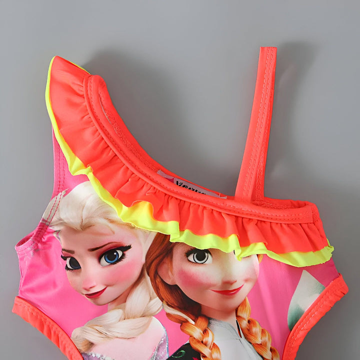 Maillot de bain une pièce pour filles, rose avec motifs Reine des Neiges (Elsa et Anna). Idéal pour la plage et la piscine. Accessoires décoratifs étoiles et fleurs tressées.