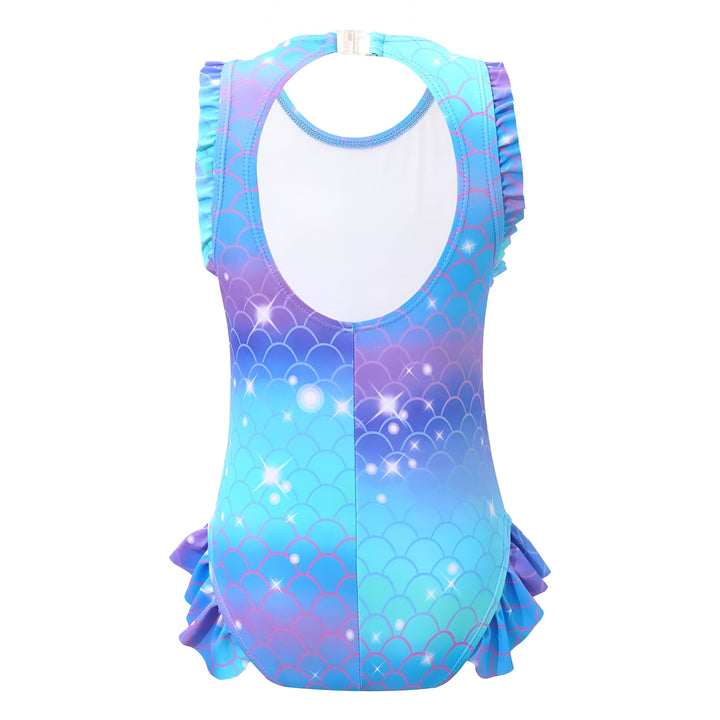 Maillot de bain une pièce pour fille, motif écailles de sirène bleu violet avec froufrous, idéal pour la natation et la plage. Vêtement enfant coloré et amusant.