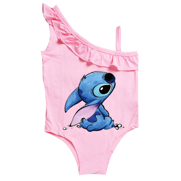 Maillot de bain une pièce rose pour enfant, à une seule bretelle et volant. Idéal pour la piscine ou la plage.