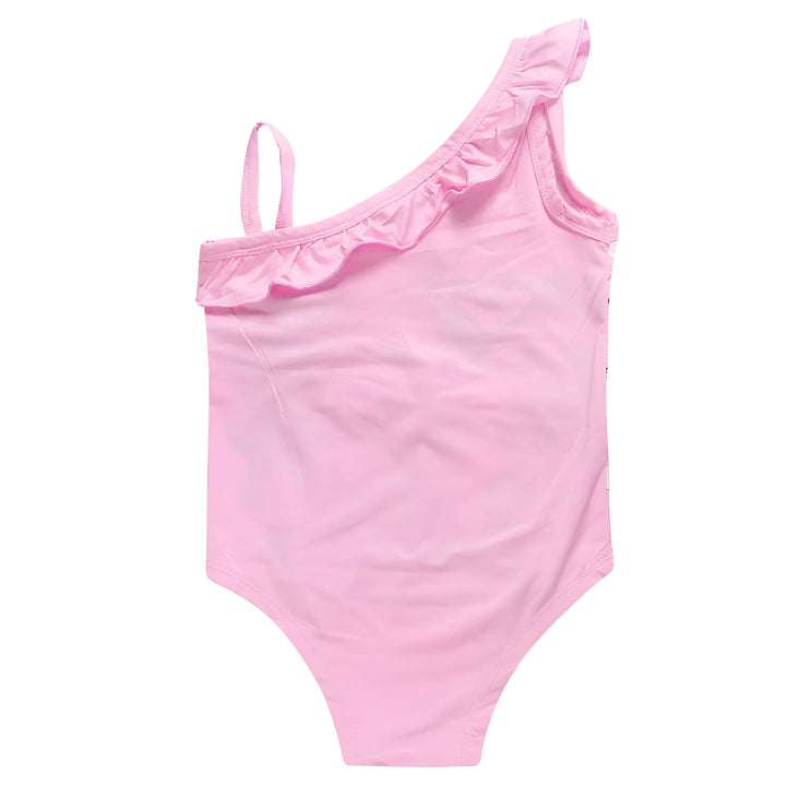 Maillot de bain rose pour enfant, orné de volants sur une épaule et d'une illustration de Stitch, personnage du film Lilo & Stitch. Idéal pour la plage ou la piscine.